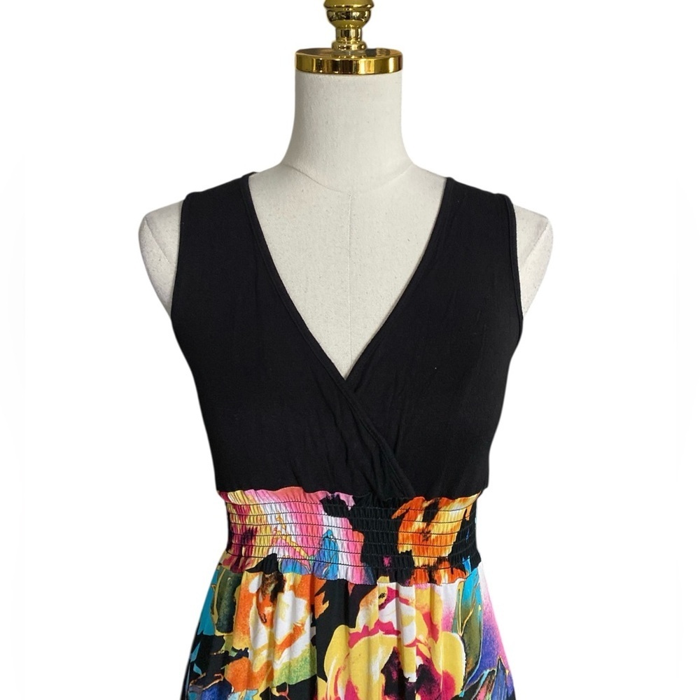 Boohoo Women’s Sleeveless Colorful Floral w/ Black Bodice Flowy Maxi Dress Sz 6 - Picture 7 of 8